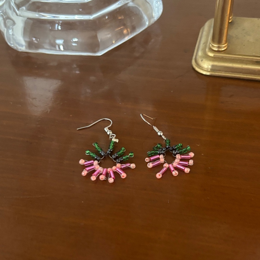 Handcrafted (by my daughter) Pink and Green Beaded Earrings